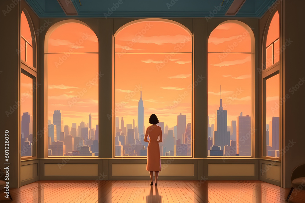 Woman looking through a window at the city skyline, Generative AI Woman looking through a window at the city skyline, Generative AI