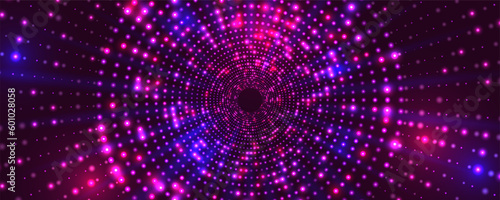 Portal with light effects. Neon particles tunnel. Abstract technology background. Vector illustration.