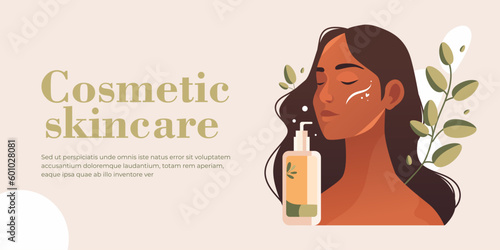 Beautiful young dark skin woman applying natural eco cosmetic product on face. Woman and green plant. Skin care banner. Skincare routine, mask . Vector illustration. Cleansing and moisturizing.