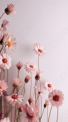 light background with delicate flowers. floral background. Fresh blossom, beautiful pink flowers isolated on pink background. concept of spring flowers. vertical photo, generative ai