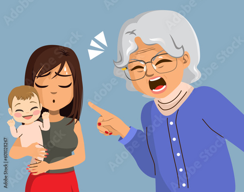 Vector illustration of old mother in law scolding young unhappy mother holding baby. Senior woman pointing finger gesture screaming new mom member family