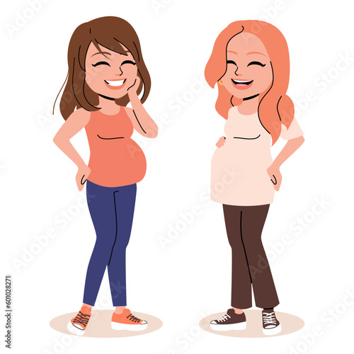 Vector illustration of two happy pregnant women friends talking about their pregnancy. Active well fitted expecting female characters