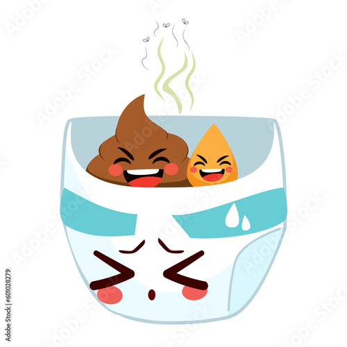 Vector illustration of stressed full diaper. Big pee and poop characters teasing stinky nappies. Change time concept
