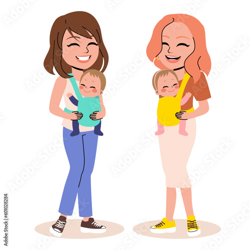 Vector illustration of two mother friends talking with baby carrier. Baby boy and girl on walk with mom socializing