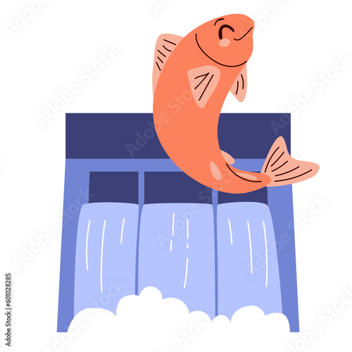 Vector illustration of happy jumping salmon near water dam power station. Ecology concept