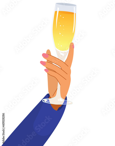 Vector illustration of female hand holding champagne glass isolated on white background. Businesswoman arm enjoying drink
