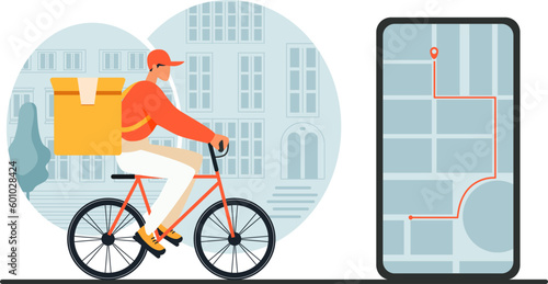 Delivery service of takeaway food concept. Mobile app for online order. Deliveryman on bicycle on city street. Flat vector cartoon illustration. Courier on scooter with thermal bag. Fastfood service