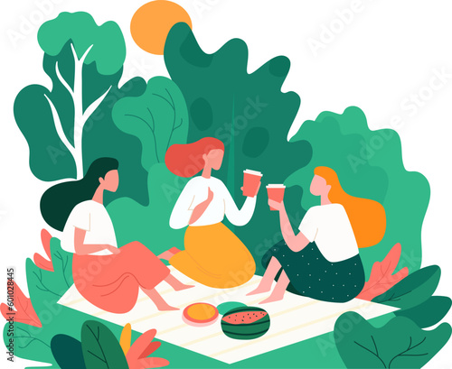 Young and happy woman at picnic. Friends eating and drinking, sitting on blanket in park. Relaxing in nature on summertime holidays. Outdoor party, leisure time. Flat vector illustration