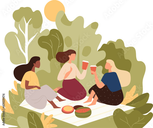 Young and happy woman at picnic. Friends eating and drinking, sitting on blanket in park. Relaxing in nature on summertime holidays. Outdoor party, leisure time. Flat vector illustration