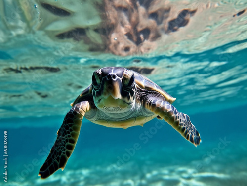 Turtle swims in azure water closeup illustration for World Turtle Day. Ocean animal underwater. Generative AI