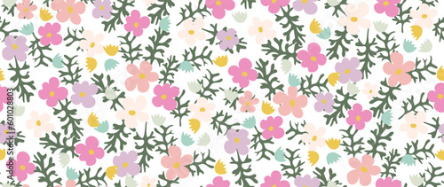Cute seamless pattern of small colorful flowers. Ditsy floral background. Vector illustration for fashion prints.