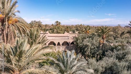 Hidden amidst the vast palm grove, a picturesque casbah emerges like a secret oasis. Enveloped by verdant foliage, the casbah emanates an aura of tranquil mystery.