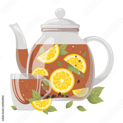 Glass teapot and cup, with lemon and leaves. Vector illustration. Tea time
