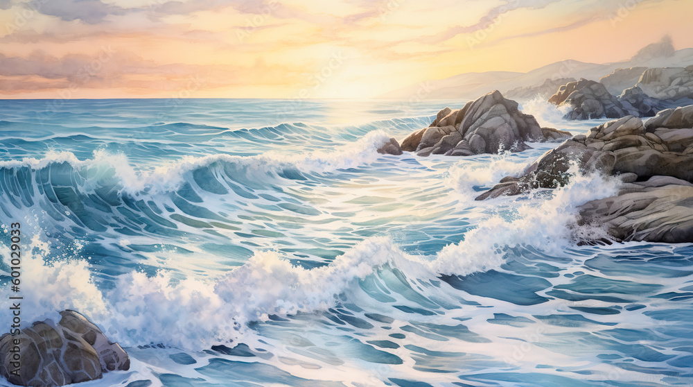 Obraz premium Aerial view to ocean waves. Blue water background. Generative AI