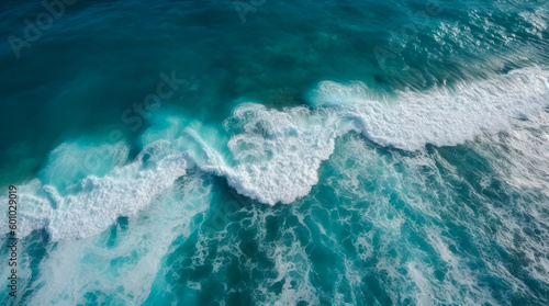 Aerial view to ocean waves. Blue water background. Generative AI