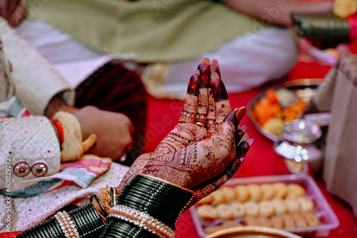 Hand of Indian Bride in Wedding Pooja. Hindu Wedding Ceremony for Bride. Maharashtra Culture.