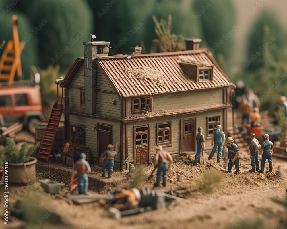 A lot of tiny workers building a house. Generative AI