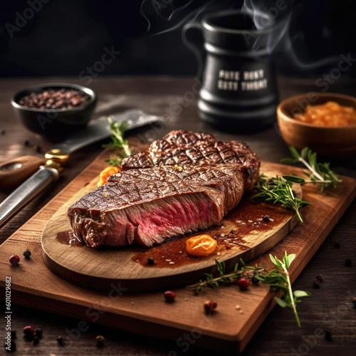 Juicy Beef Rib Eye Steak Slices on Wooden Board with Herbs, Spices, and Salt. Generative ai