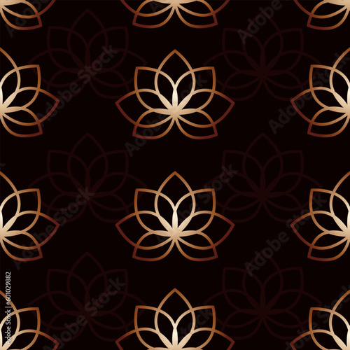 Lotus flower metallic gradient seamless pattern on black background. Vector print. Golden lotus.