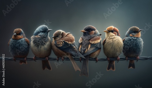 birds sitting on a wire. Generative AI.