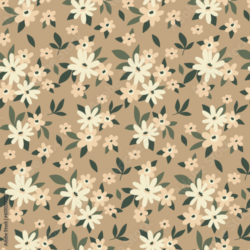 Seamless floral pattern, liberty ditsy print with cute tiny plants. Delicate botanical design for tissue paper: small hand drawn flowers, leaves on a beige background. Vector illustration.