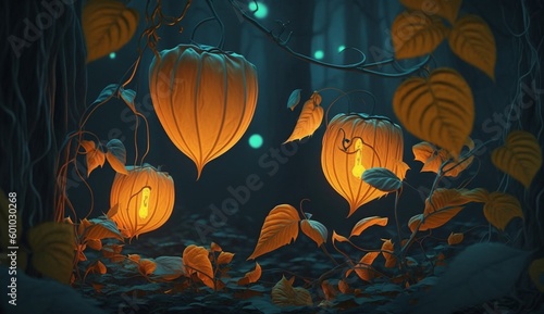 Digital Illustration of Magical, Glowing Physalis Plants in the Forest. Generative AI.