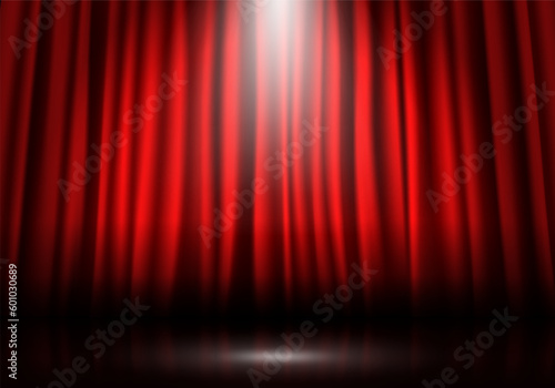 Red curtain illuminated by spotlight. Closed velvet drapes. Vector illustration.