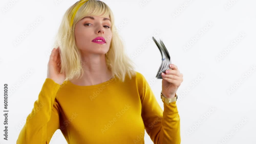 Dollars, money cash and winning prize woman celebration financial success. Wow excited rich lady with lottery win for salary, bonus or business wealth or financial freedom on white background