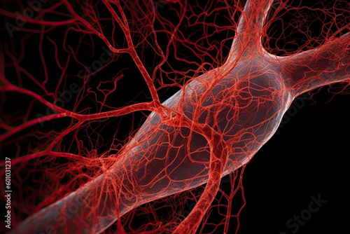 3D microscopic close-up of a capillary isolated on black background. A capillary is a tiny, thin-walled blood vessel that connects arteries and veins. AI-generated photo