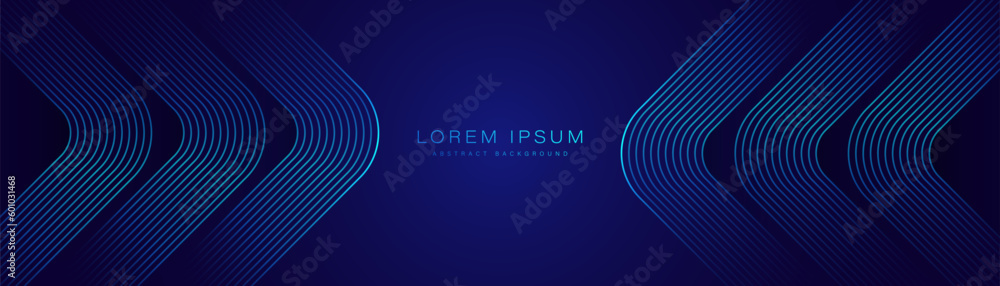 Abstract shiny arrow lines on dark blue background. Modern blue geometric line arrow pattern graphic design. Futuristic technology concept. Horizontal banner template. Vector illustration - obrazy, fototapety, plakaty 
