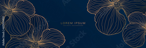 Abstract luxury gold orchid lines on dark blue background. Golden orchid floral line art design. Hand drawn. Horizontal banner template. Suit for cover  header  wallpaper  banner  poster  backdrop