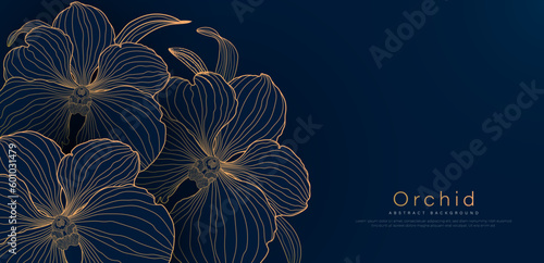 Dark blue abstract background with overlay orchid flower and shadow. Elegant golden orchid floral line art vector. Modern luxury banner template design. Suit for poster, banner, card, invitation