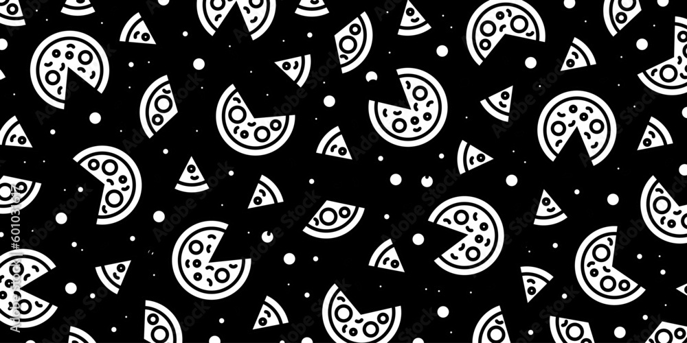 Pizza backdrop. Pizza pattern on black background. Vector illustration EPS 10