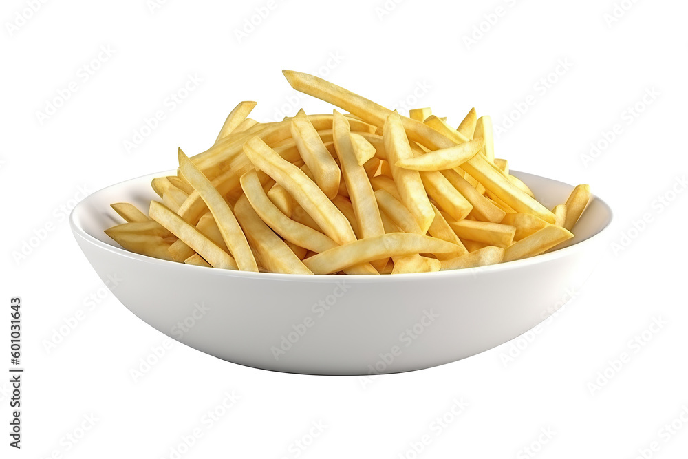 French fries on a white bowl on transparent cutout PNG background. Generative AI French fries on a white bowl on transparent cutout PNG background. Generative AI