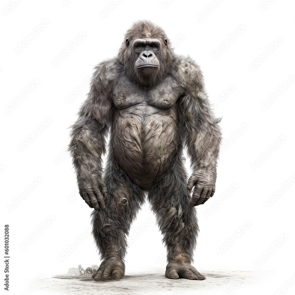 Fototapeta premium Illustration of an ape standing in front of a white background. Generative AI