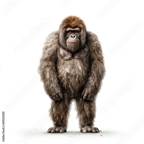 Illustration of an ape standing in front of a white background. Generative AI