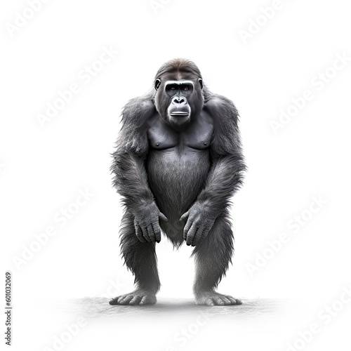 Illustration of an ape standing in front of a white background. Generative AI