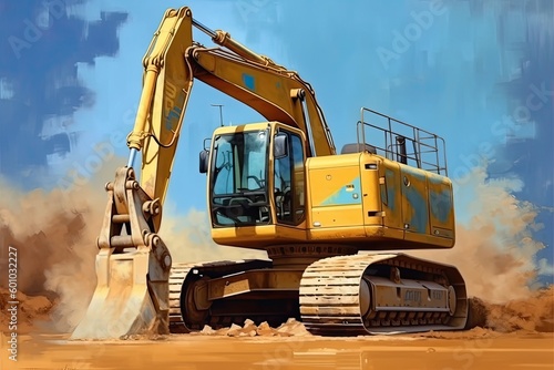 Illustration of an excavation machine for construction in dark yellow and light azure color. Generative AI