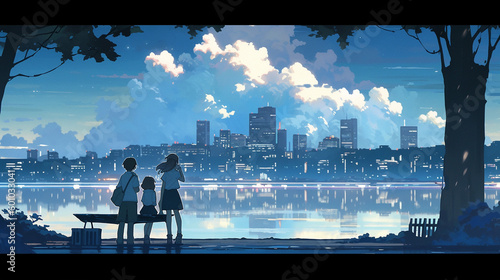 Anime background of three friends looking at the city panorama at sunset, generative AI