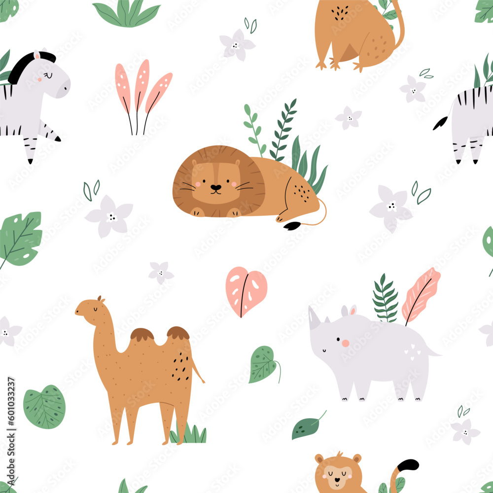 Naklejka premium Colorful illustration with african animals and tropical leaves