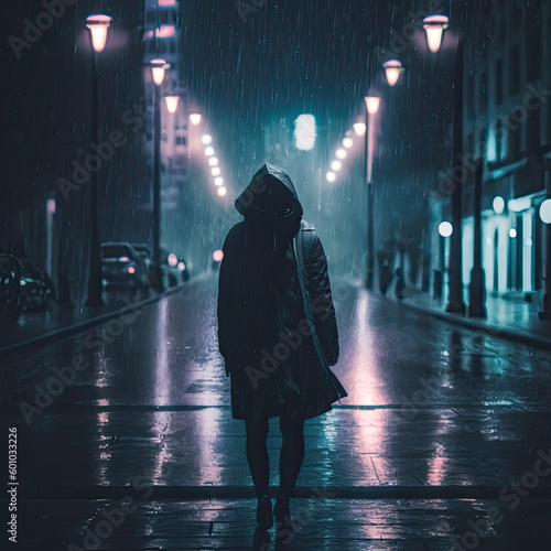 Person standing in the rain on a dark neon lit road (created with Generative AI)