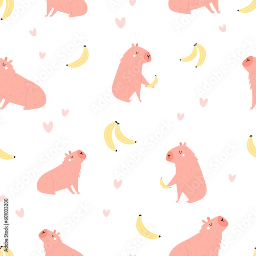 Vector seamless pattern with cool pink capybaras and bananas