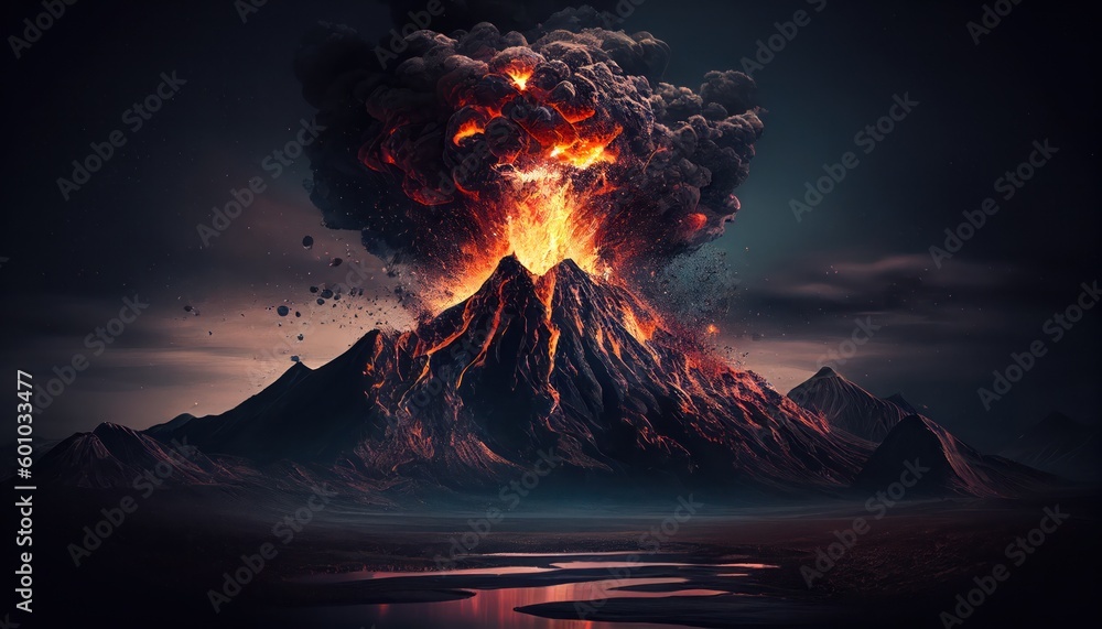 Dark volcano explosion, fire lava and smoke, atmospheric mountain nature 