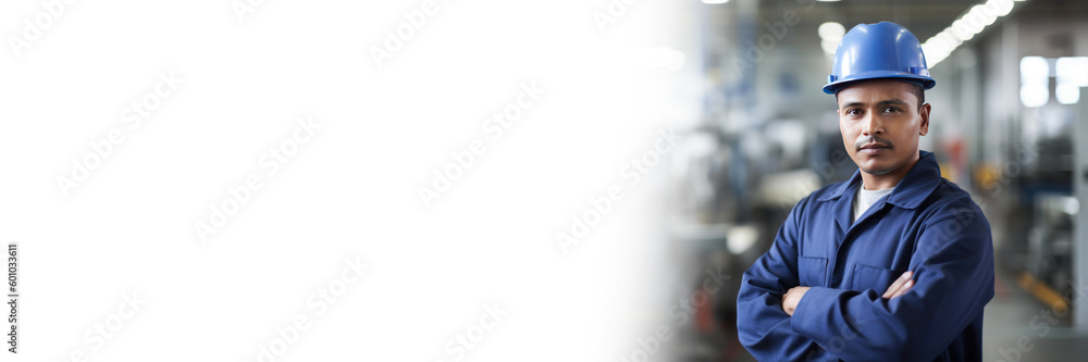 Portrait of hispanic man, factory worker, AI generated banner Generative AI Portrait of hispanic man, factory worker, AI generated banner Generative AI