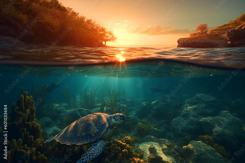 Tropical paradise sunset half underwater clear water tropical with big seaturtle. Generative AI	