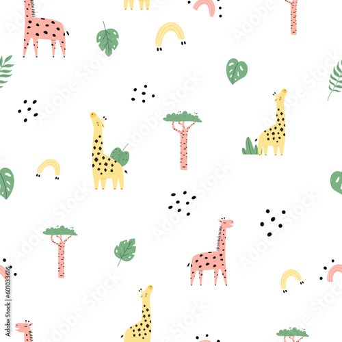 Colorful illustration with yellow and pink giraffes, tropcal trees and rainbows photo
