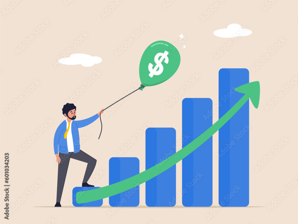 Money or wages growing concept. Revenue or salary increase, growth investment profit or earning from stock market. Businessman with balloon on dollar money sign with growth graph and chart. Money or wages growing concept. Revenue or salary increase, growth investment profit or earning from stock market. Businessman with balloon on dollar money sign with growth graph and chart.