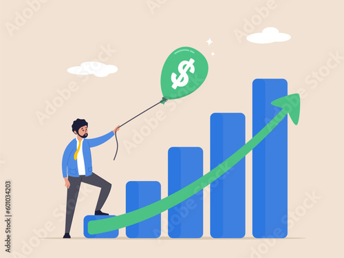 Money or wages growing concept. Revenue or salary increase, growth investment profit or earning from stock market. Businessman with balloon on dollar money sign with growth graph and chart.