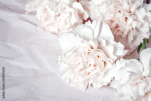 Carnation flowers on pastel pink crumpled paper background