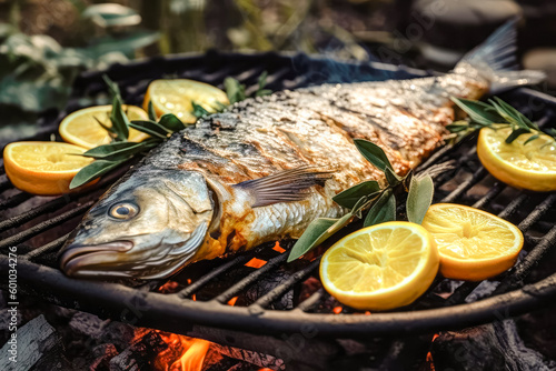 Process of cooking fish Dorado on grill with lemon, grilled fish BBQ. Good food. Generative AI